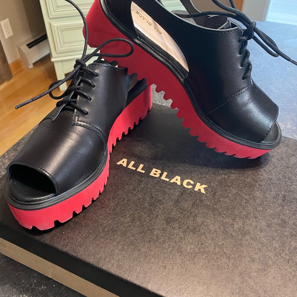All Black Women's Platform peep toe Shoes with Red Sole